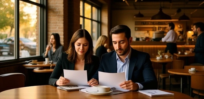 Property investors reviewing Melbourne market data, property documents or a laptop at a café table, signalling renewed confidence in Melbourne's 2026 investment outlook.