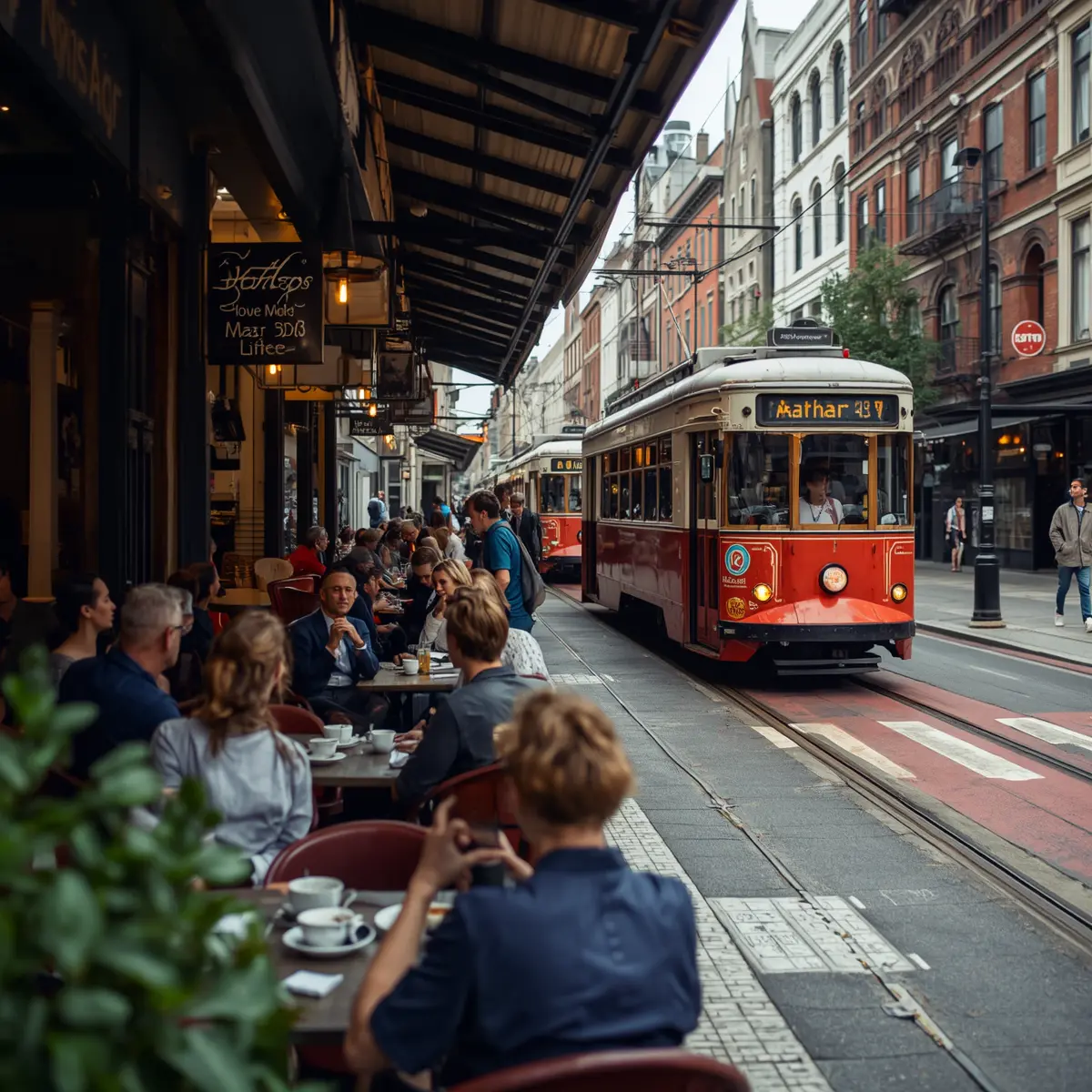 Outdoor cafe along a city street with people dining; a red vintage tram passes on nearby tracks.