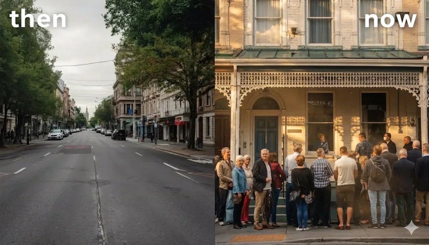a quiets street signifying covid’s impact on the market and Melbourne property auction with crowd of bidders outside an inner-city terrace home.